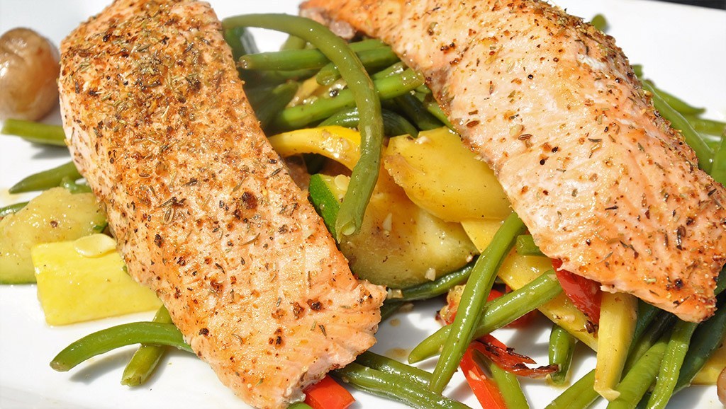 Grilled Atlantic Salmon Over Sauteed Vegetables